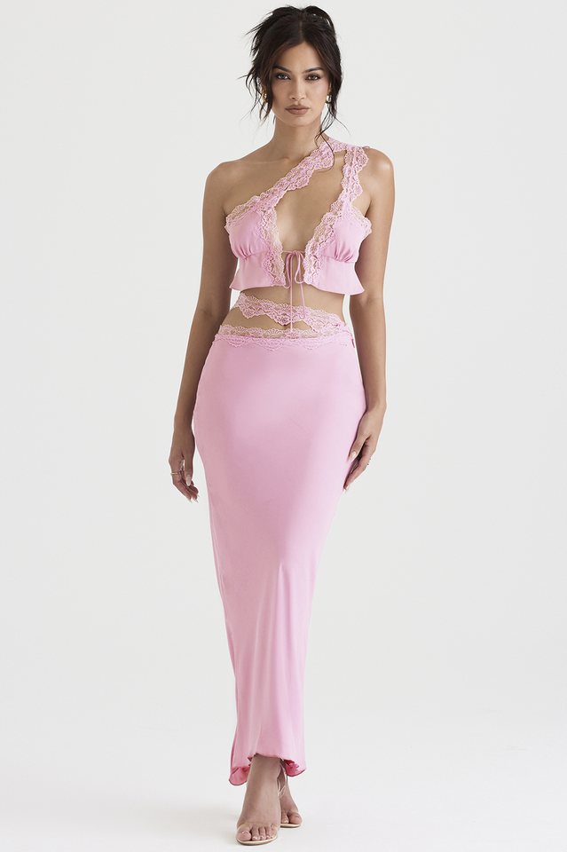 Pink Floaty Cropped Top+Lace Trim Maxi Skirt Ins Street