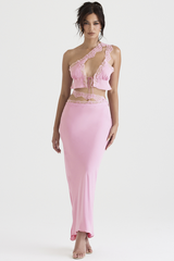 Pink Floaty Cropped Top+Lace Trim Maxi Skirt Ins Street