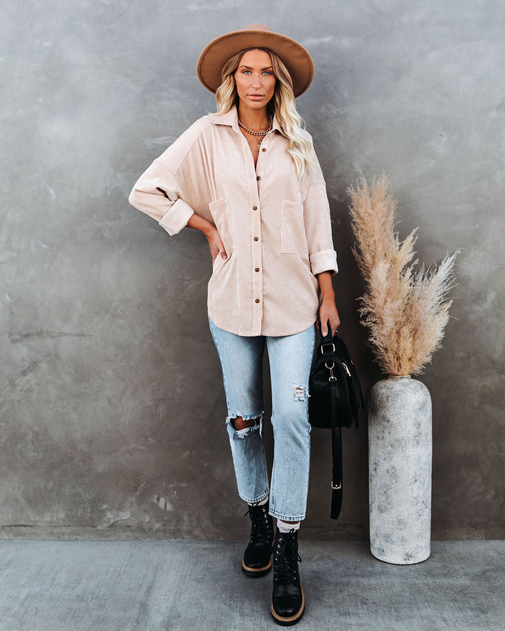 Refresh Pocketed Button Down Corduroy Top - Beige Ins Street