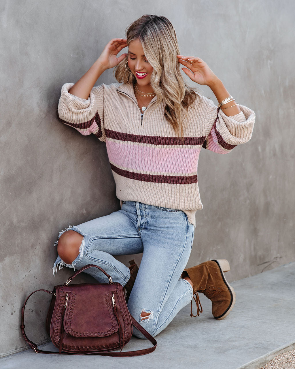 Raeya Striped Half Zip Knit Sweater - Oat - FINAL SALE Ins Street