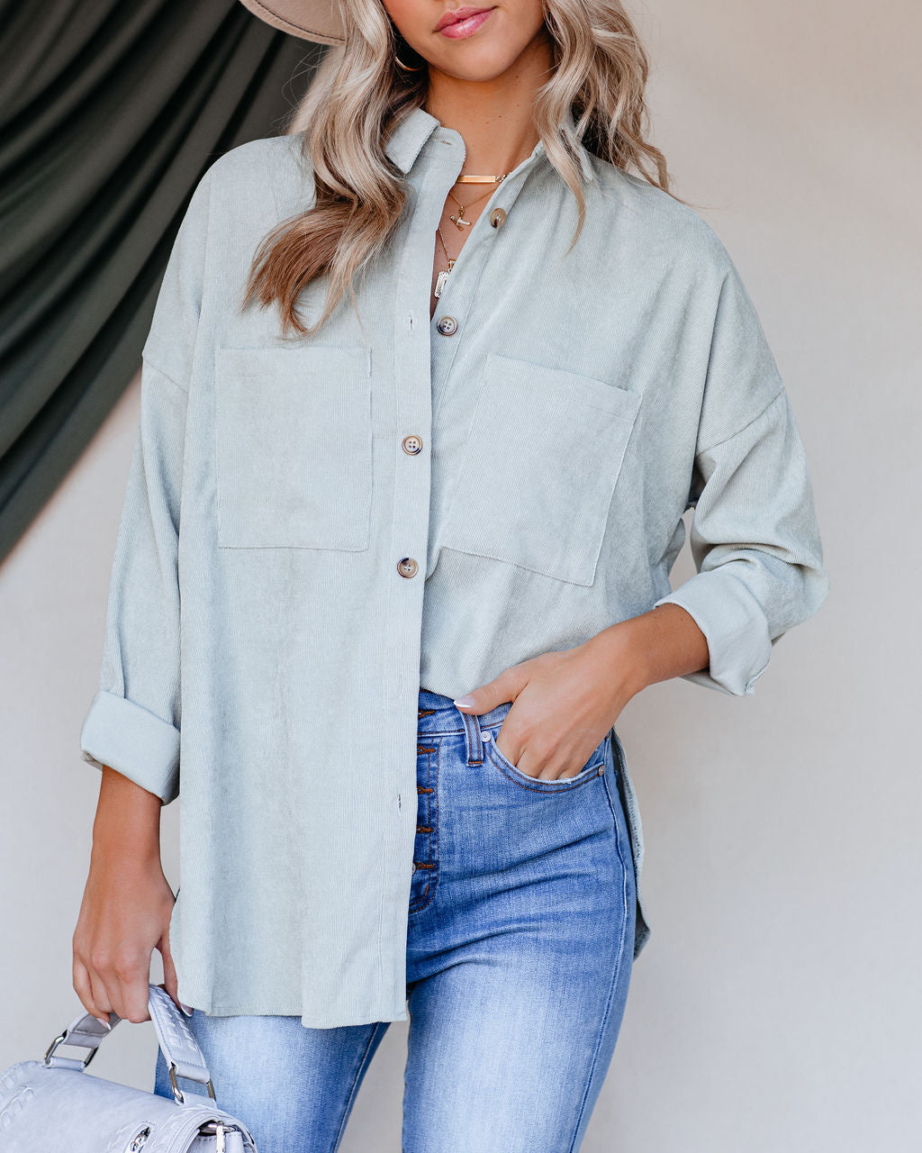 Reilly Corduroy Button Down Pocket Top - Light Sage Ins Street