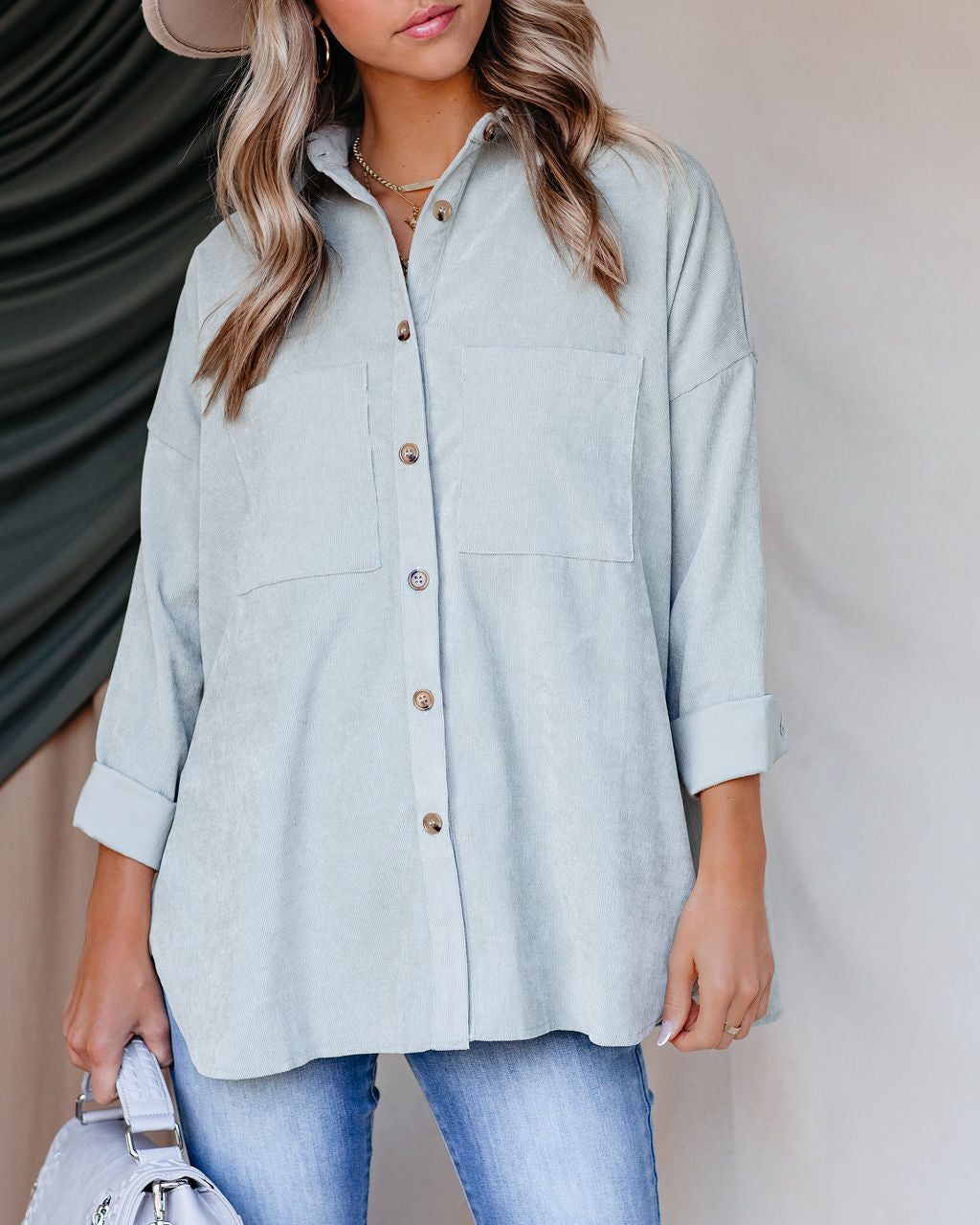 Reilly Corduroy Button Down Pocket Top - Light Sage Ins Street