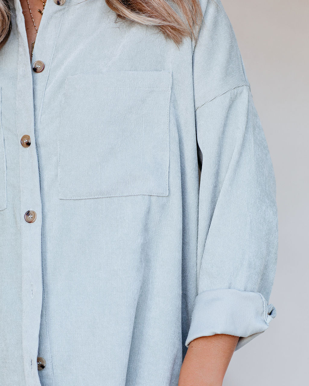 Reilly Corduroy Button Down Pocket Top - Light Sage Ins Street