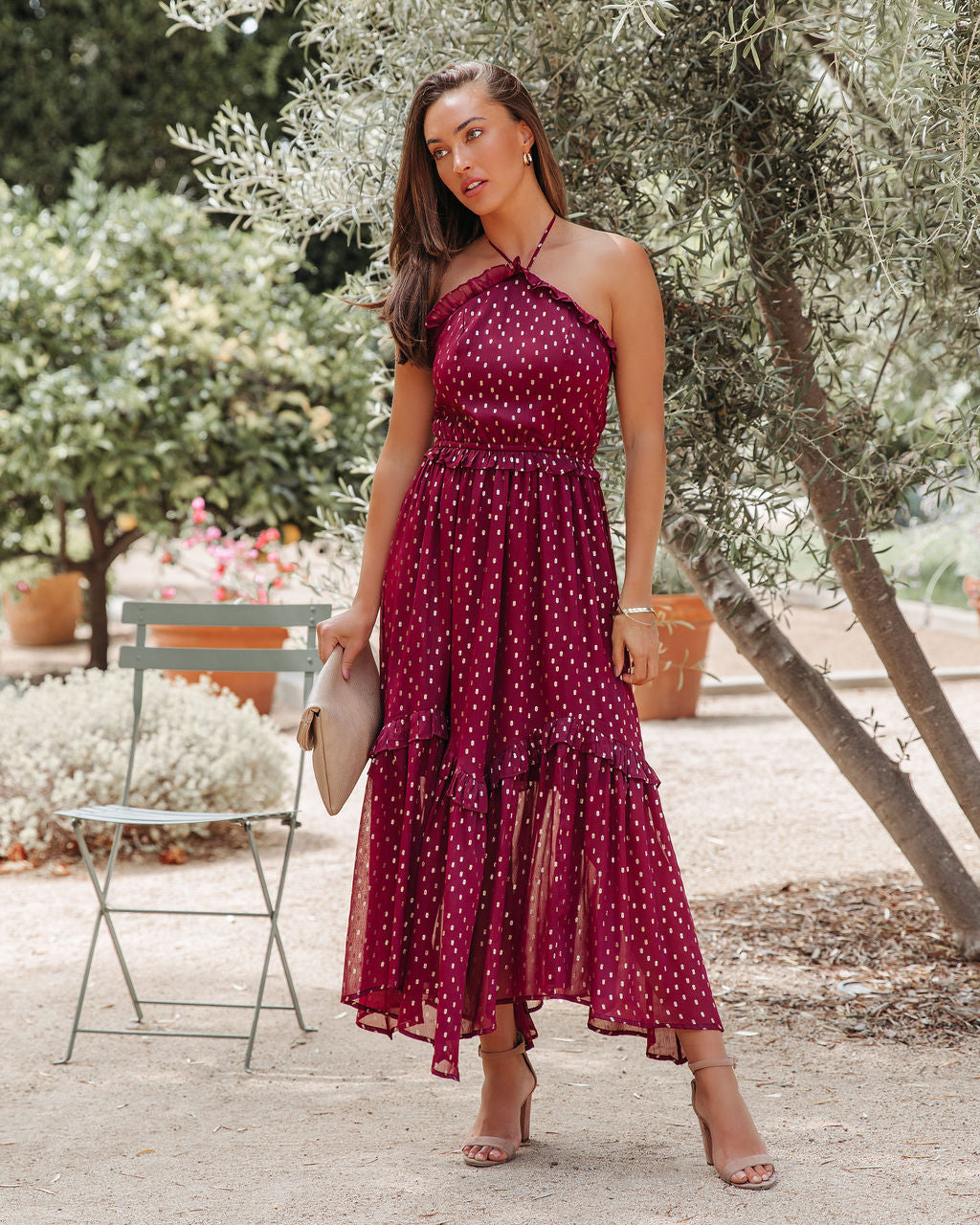 Remarkable Metallic Detailed Halter Midi Dress - Wine - FINAL SALE Ins Street