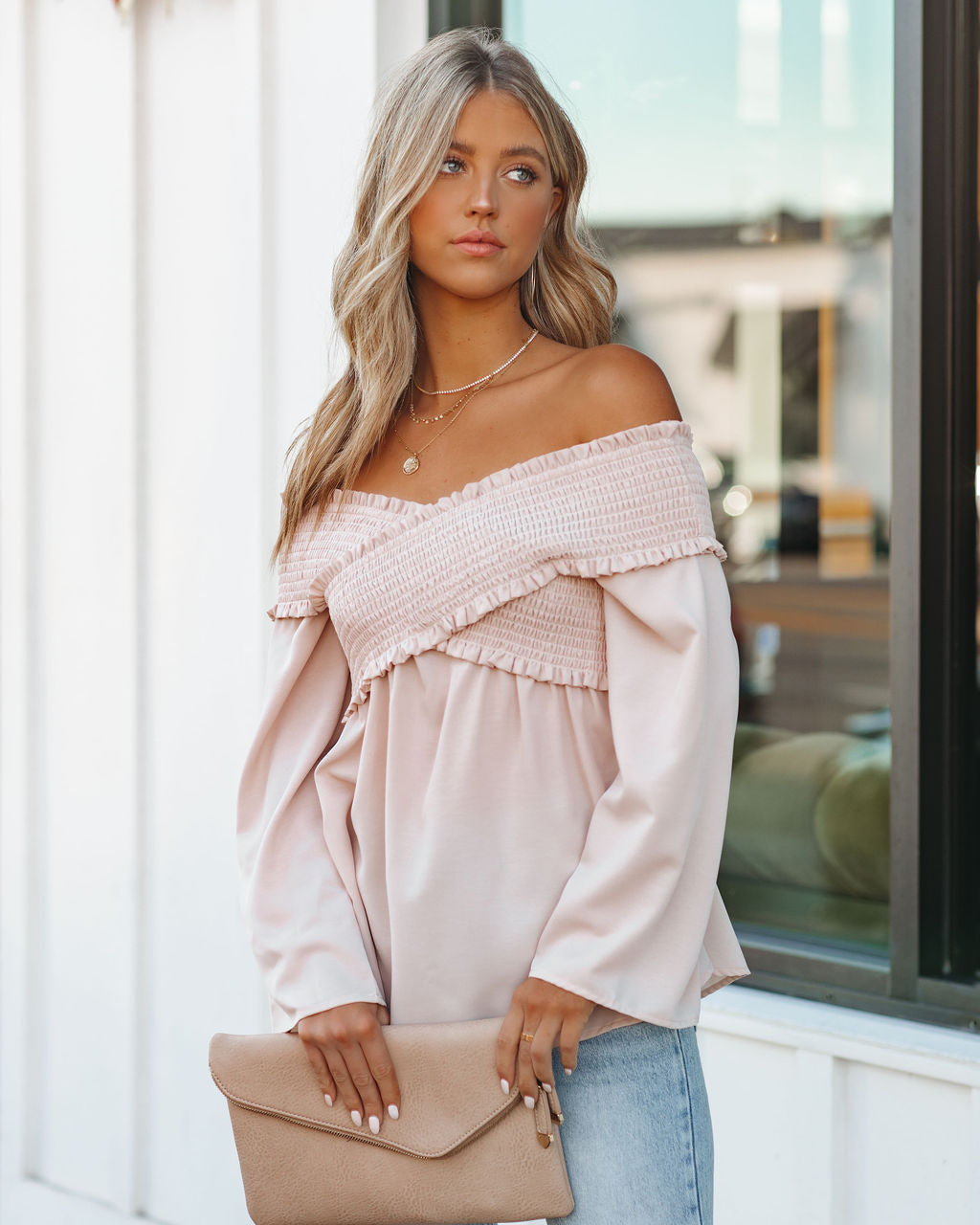 Rosie Smocked Off The Shoulder Top - Sandshell Ins Street