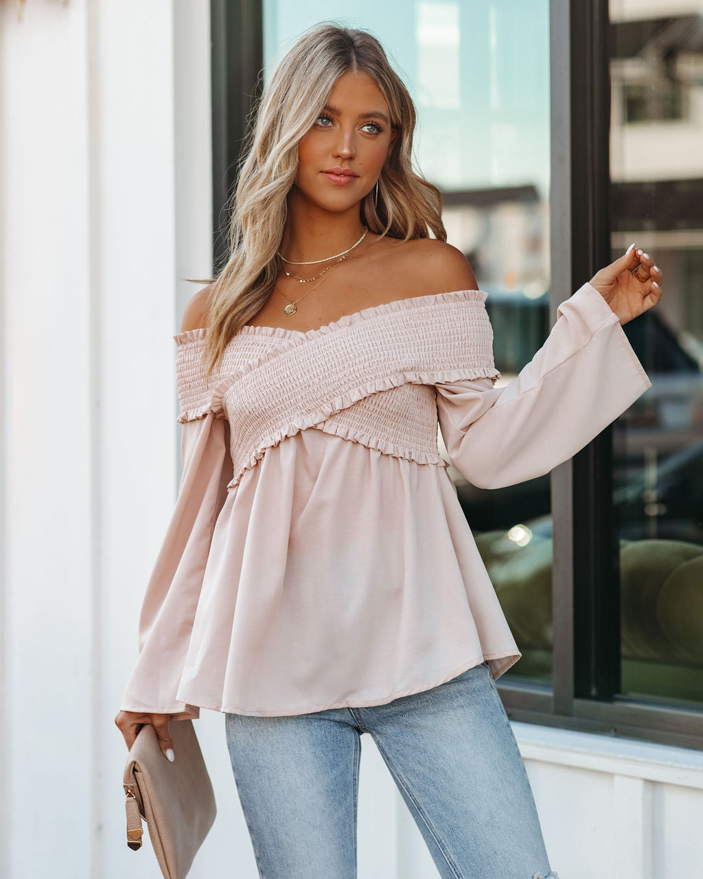 Rosie Smocked Off The Shoulder Top - Sandshell Ins Street