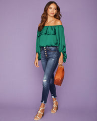 Sevyn Balloon Sleeve Off The Shoulder Blouse - Hunter Green Ins Street