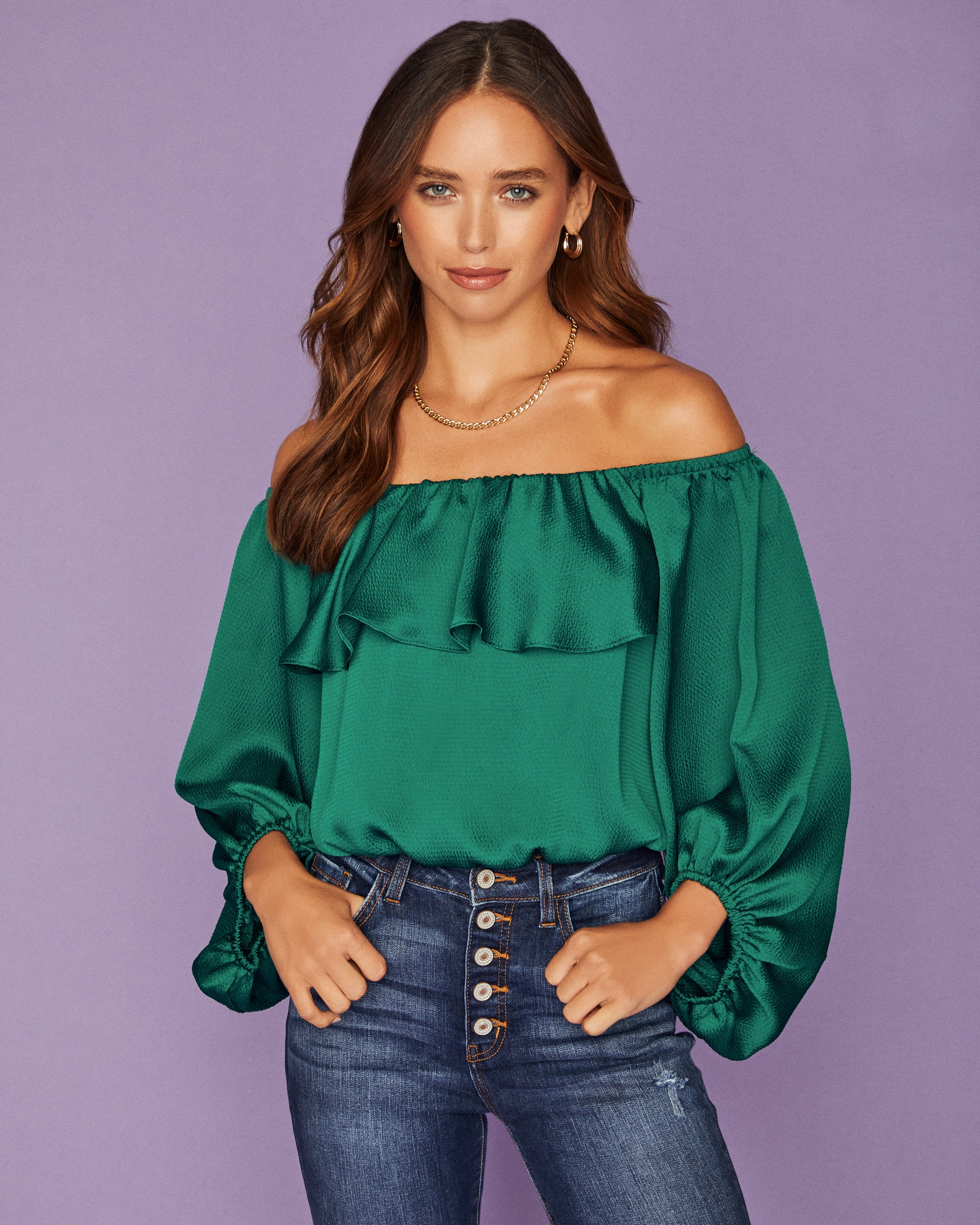 Sevyn Balloon Sleeve Off The Shoulder Blouse - Hunter Green Ins Street