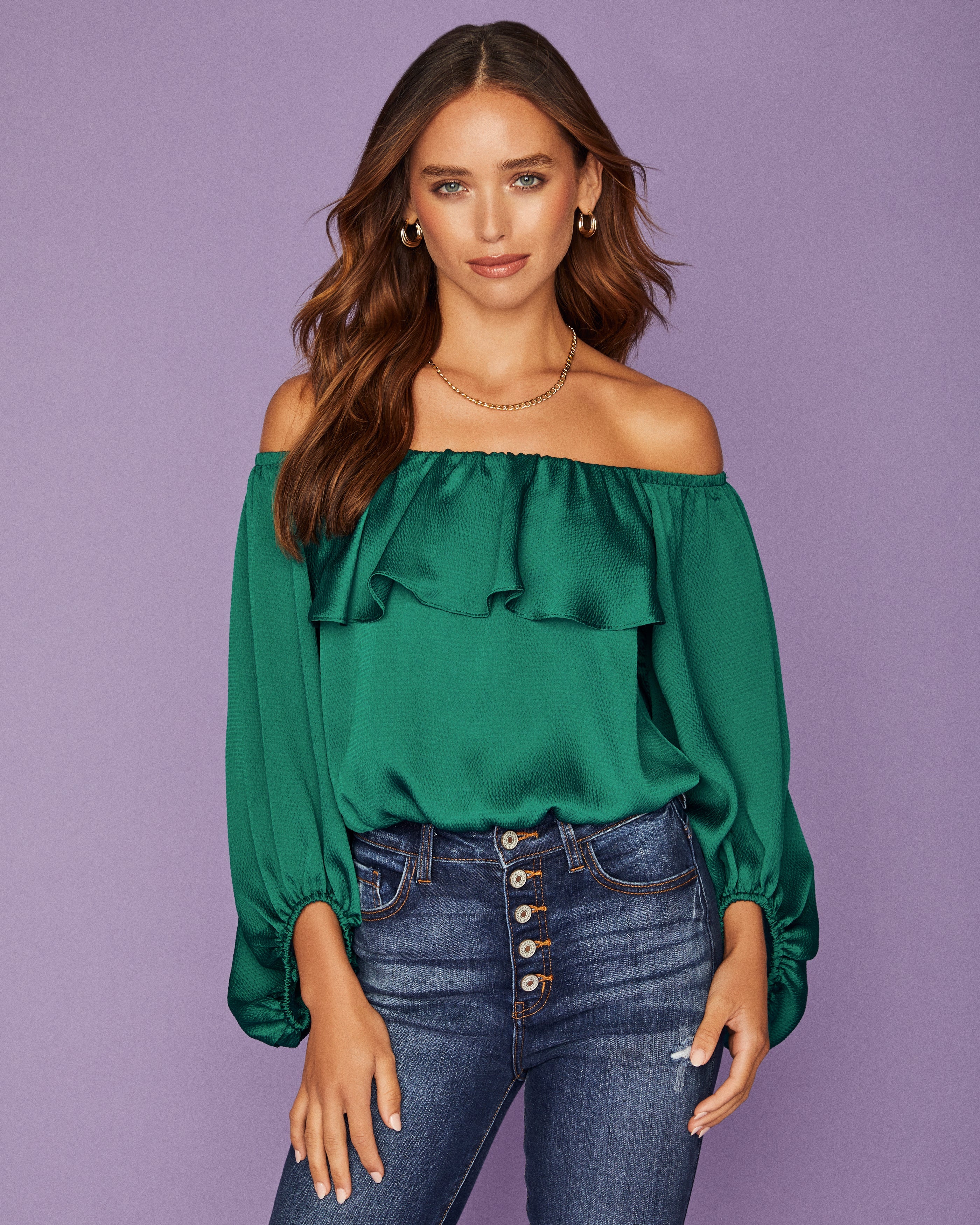 Sevyn Balloon Sleeve Off The Shoulder Blouse - Hunter Green Ins Street