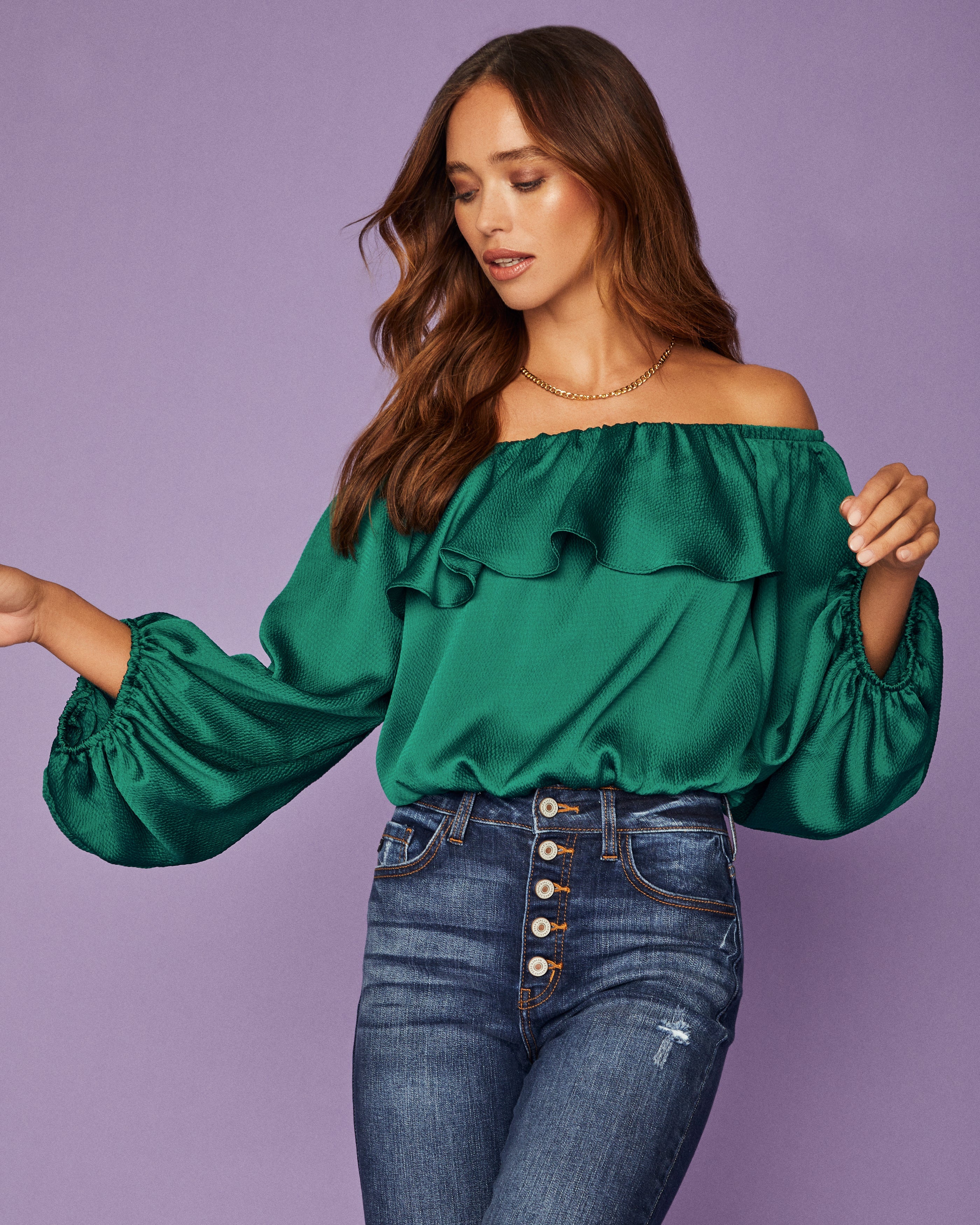 Sevyn Balloon Sleeve Off The Shoulder Blouse - Hunter Green Ins Street