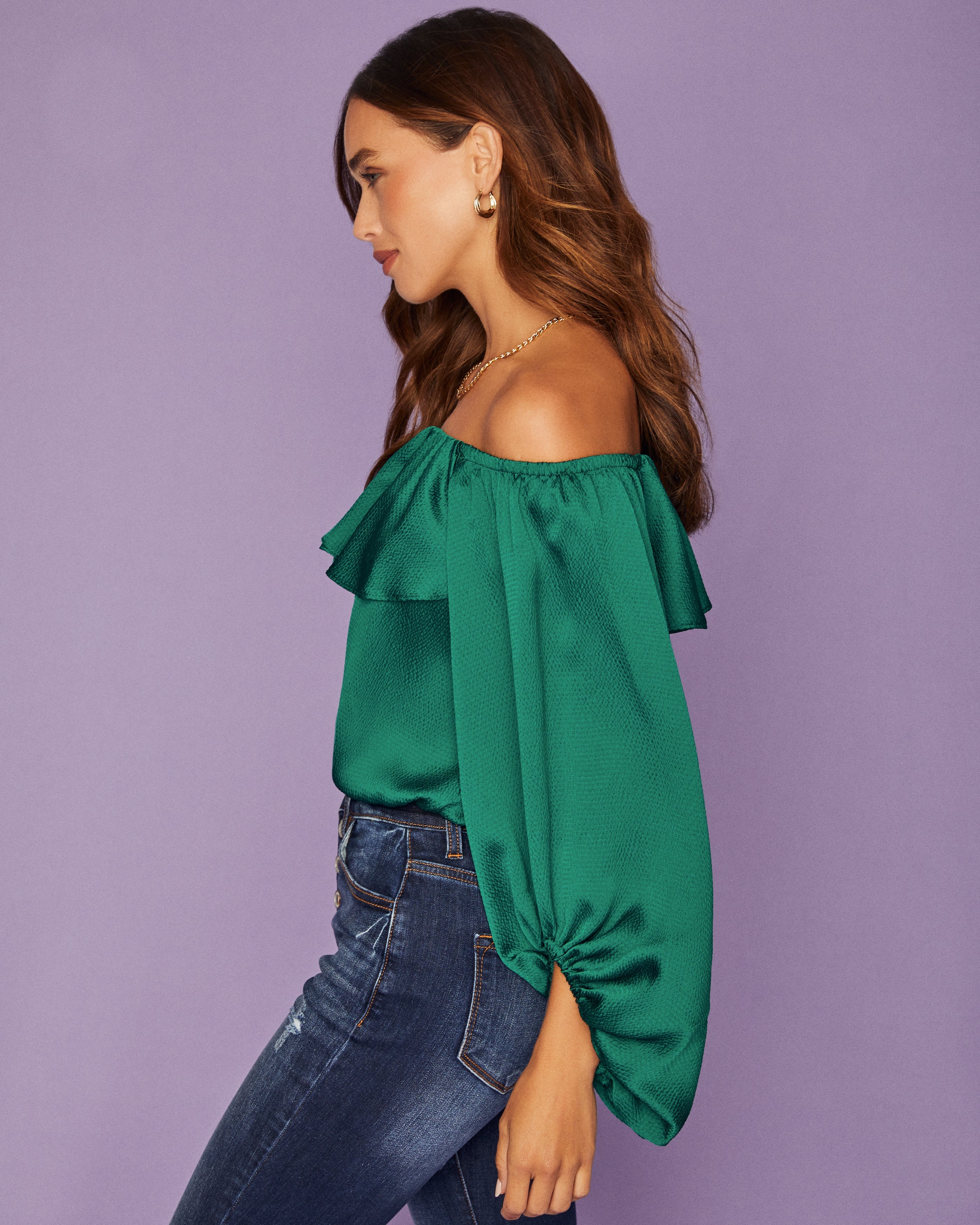 Sevyn Balloon Sleeve Off The Shoulder Blouse - Hunter Green Ins Street