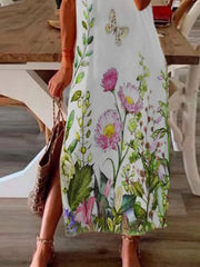 Casual Short Sleeve Flower Slit Dress ins