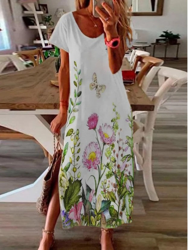 Casual Short Sleeve Flower Slit Dress ins