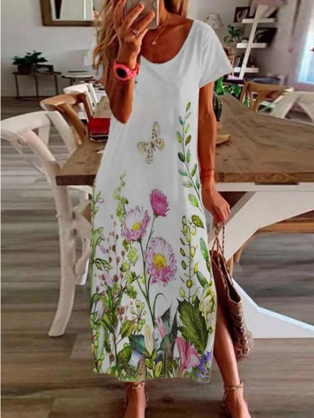 Casual Short Sleeve Flower Slit Dress ins