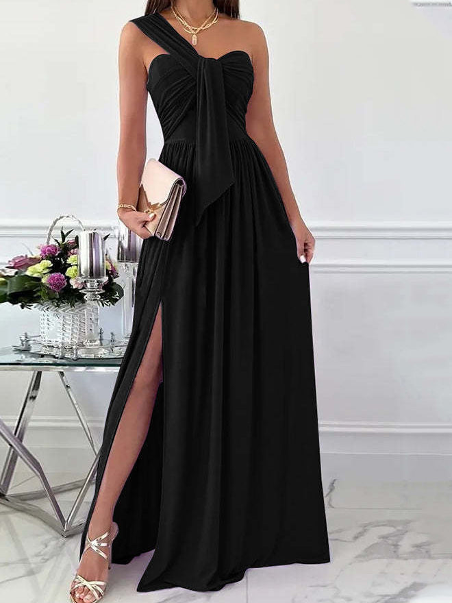 Simple Sleeveless Off Shoulder Slit Dress Ins Street