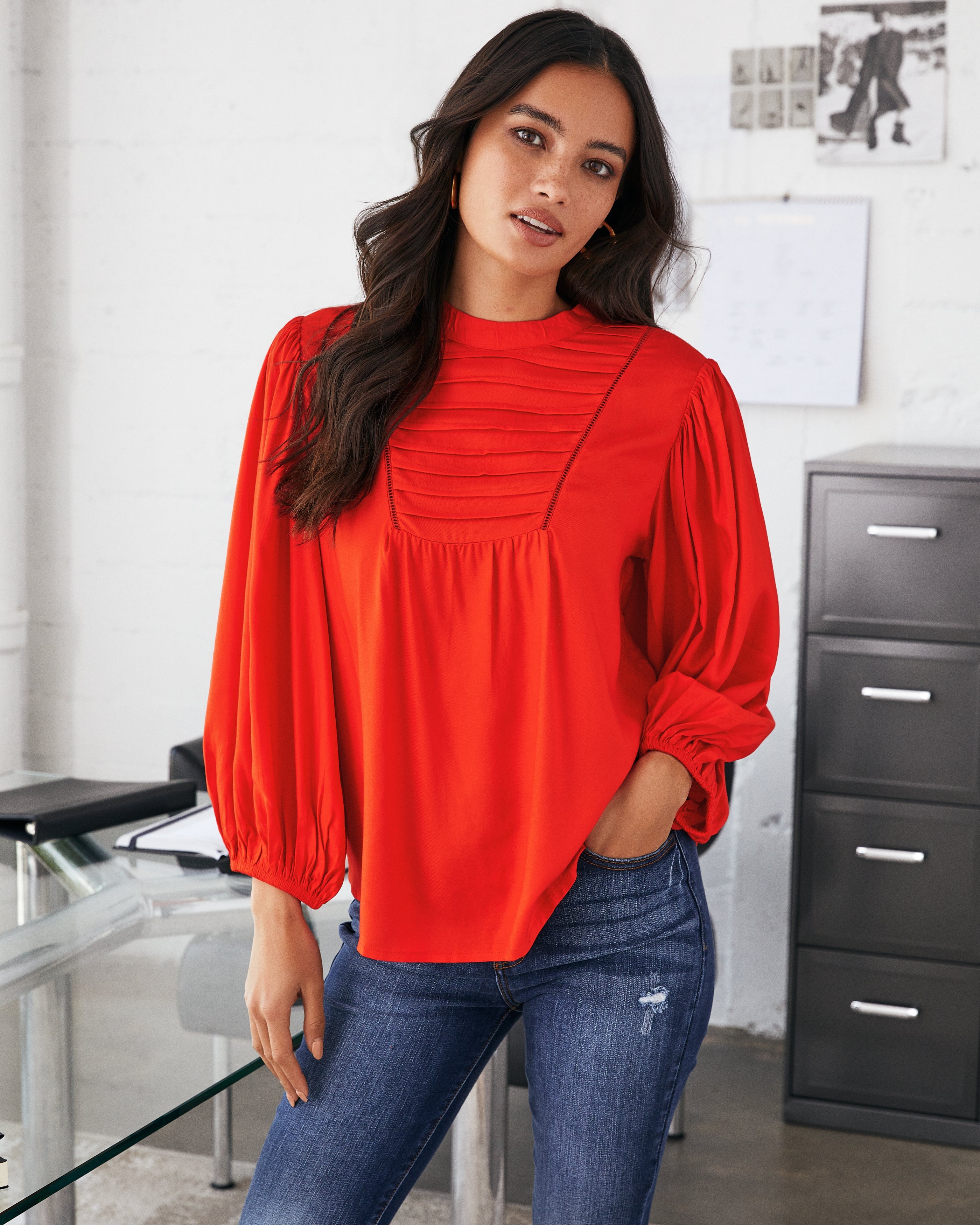 Sylas Pintuck Blouse - Coral Red - FINAL SALE Ins Street