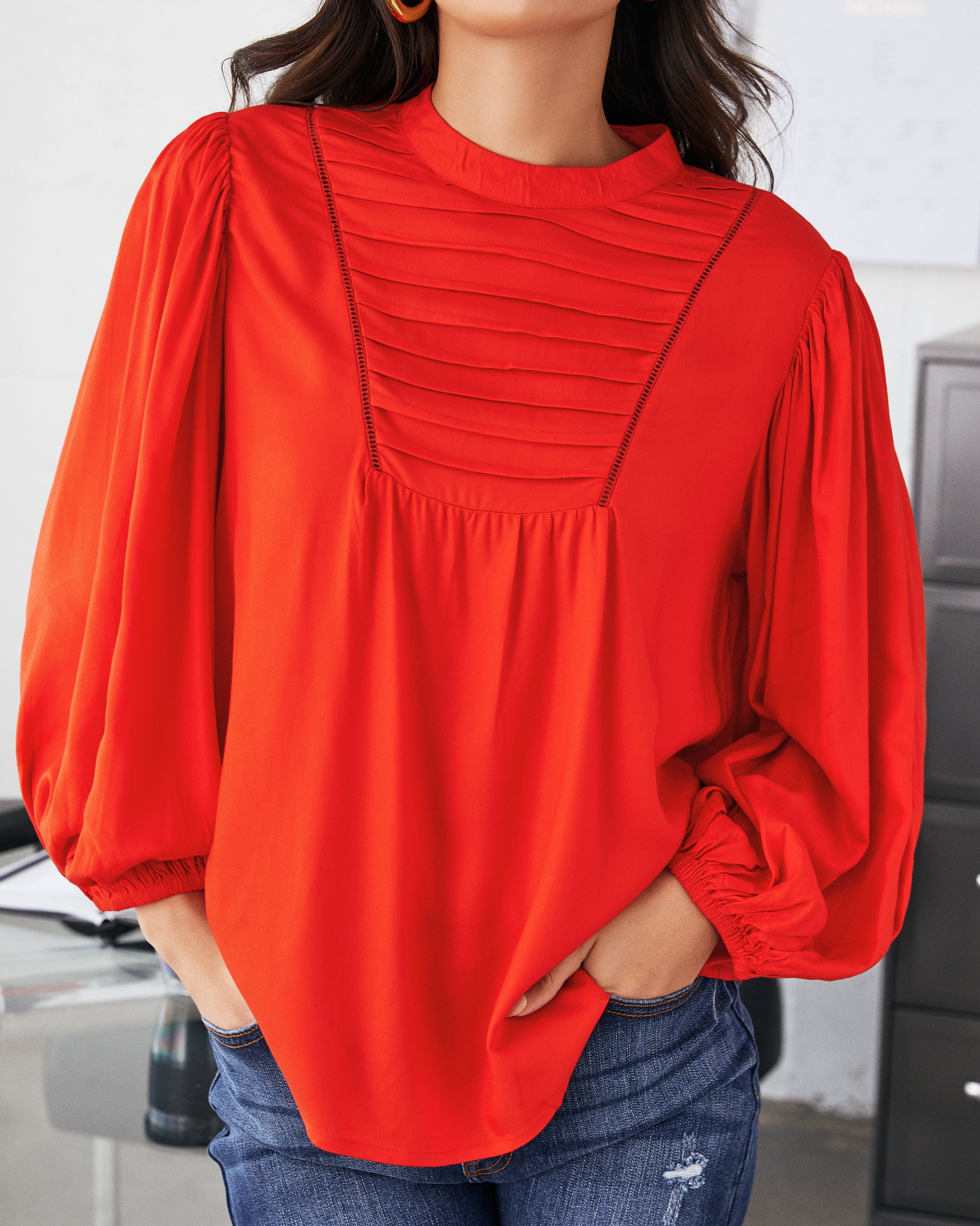 Sylas Pintuck Blouse - Coral Red - FINAL SALE Ins Street