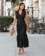 Sacha Cotton Linen Crochet Tiered Midi Dress - Black Ins Street