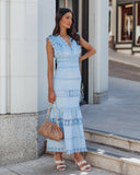 Sacha Cotton Linen Crochet Tiered Midi Dress - Blue