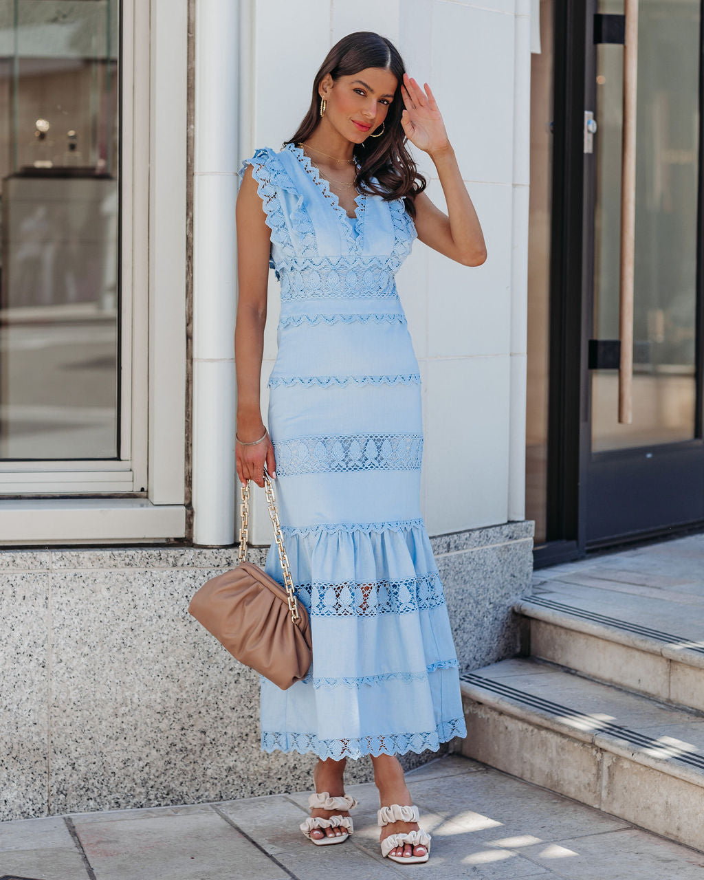 Sacha Cotton Linen Crochet Tiered Midi Dress - Blue Ins Street