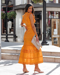 Sacha Cotton Linen Crochet Tiered Midi Dress - Tangerine Ins Street