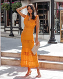 Sacha Cotton Linen Crochet Tiered Midi Dress - Tangerine Ins Street