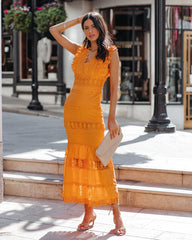 Sacha Cotton Linen Crochet Tiered Midi Dress - Tangerine Ins Street