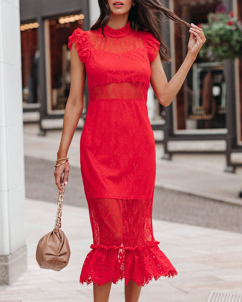 Saige Sheer Lace Midi Dress Red Insstreet 1885