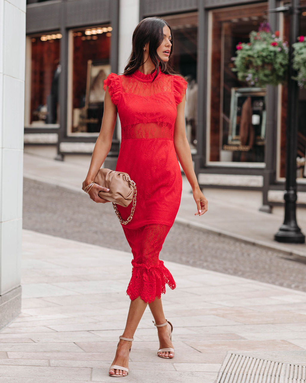 Saige Sheer Lace Midi Dress - Red Ins Street