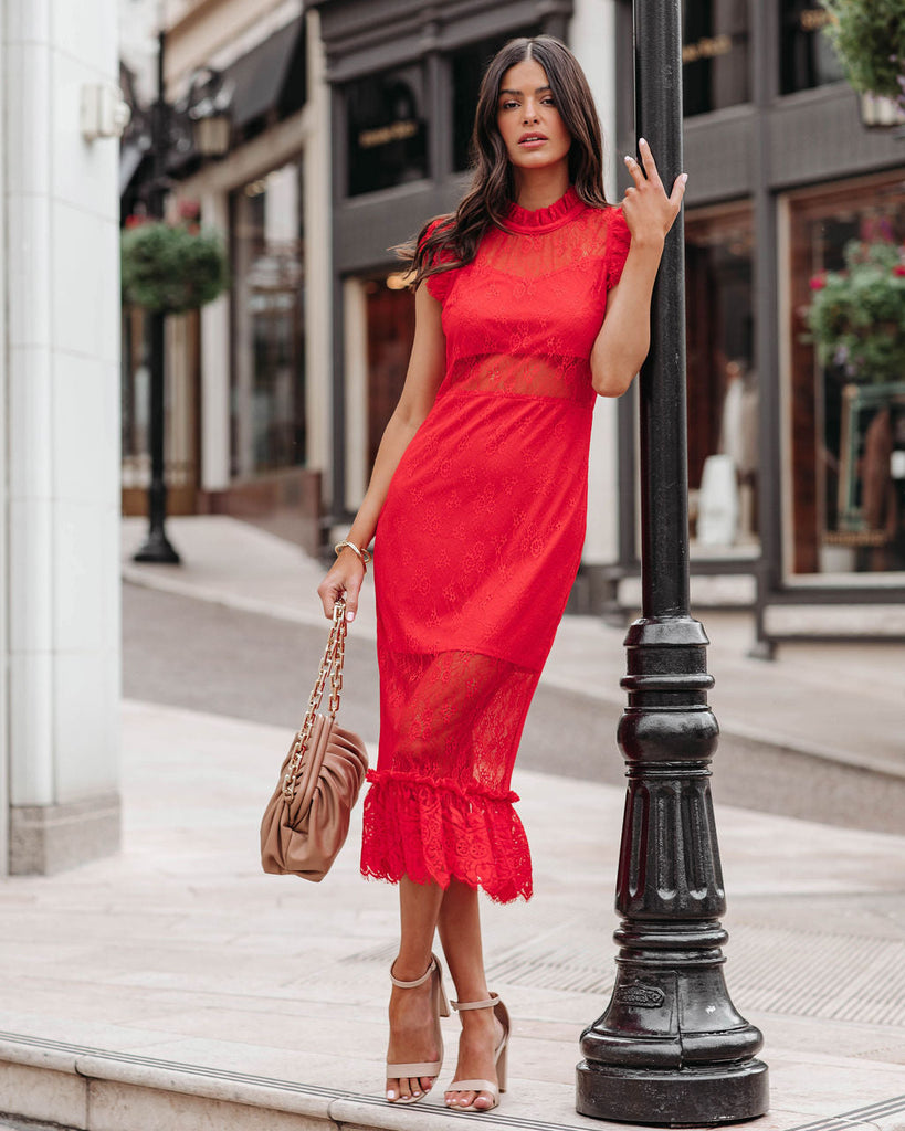 Saige Sheer Lace Midi Dress - Red – InsStreet