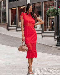 Saige Sheer Lace Midi Dress - Red Ins Street