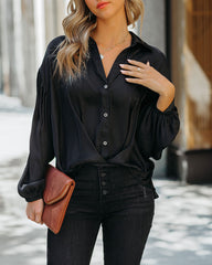 Sarah Satin Button Down Blouse - Black AAKA-001