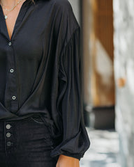 Sarah Satin Button Down Blouse - Black AAKA-001