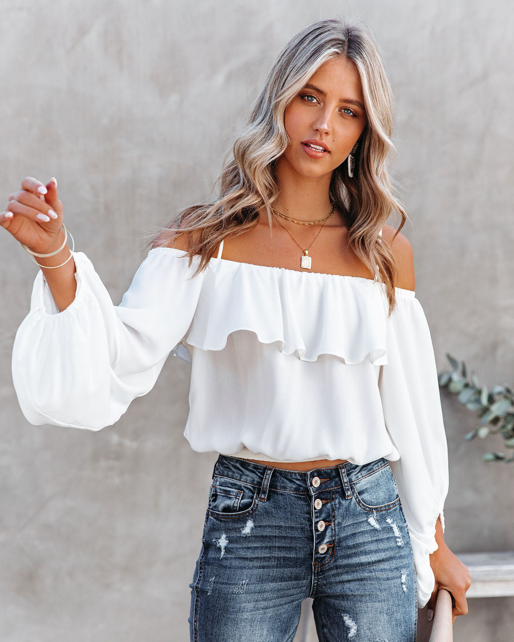 Sincere Balloon Sleeve Cold Shoulder Blouse - White – InsStreet