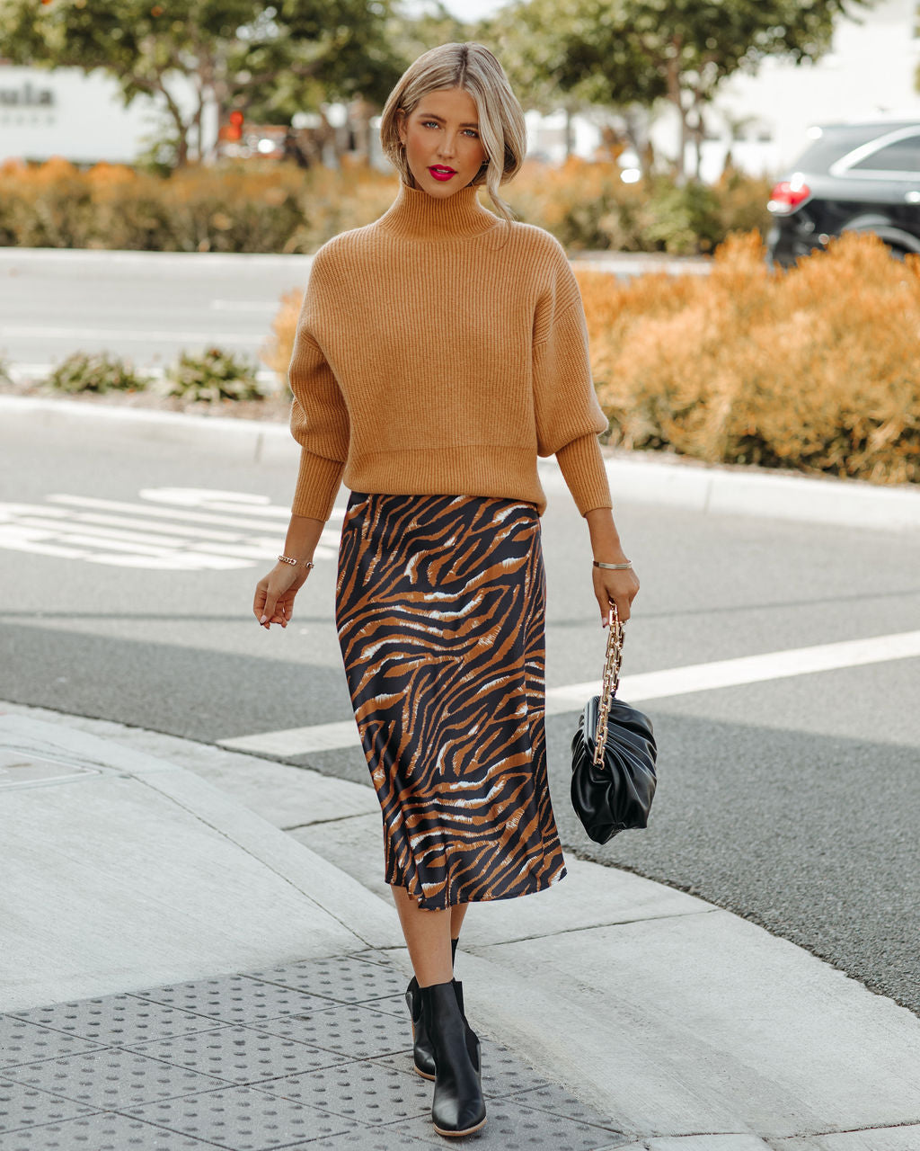 Xavier Satin Tiger Print Midi Skirt Ins Street