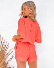 Spring Scene Pocketed Tie Romper - Bright Coral Ins Street