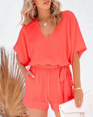 Spring Scene Pocketed Tie Romper - Bright Coral Ins Street