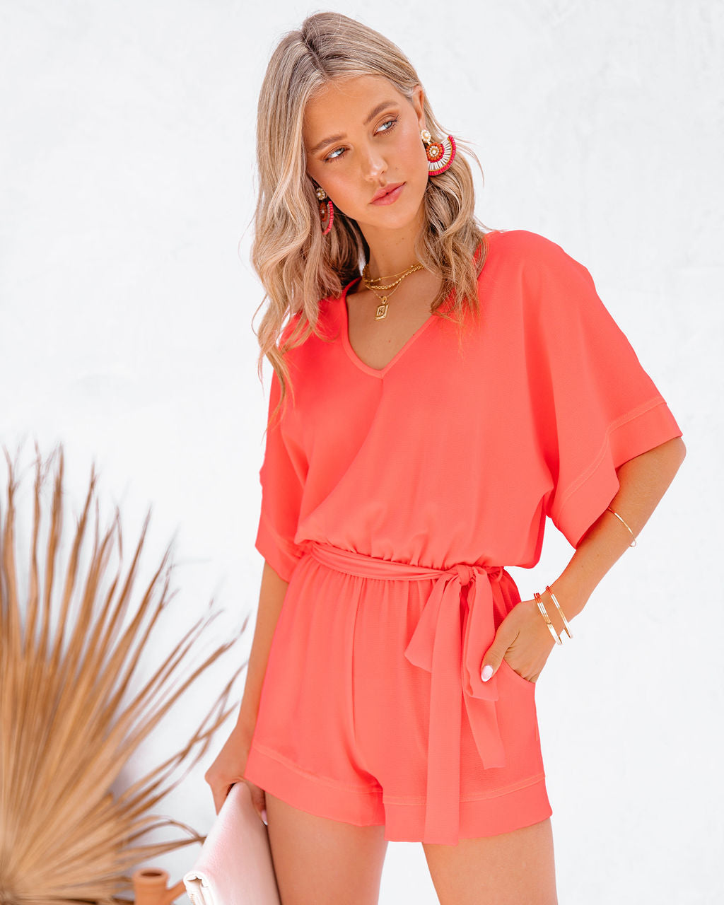 Spring Scene Pocketed Tie Romper - Bright Coral Ins Street