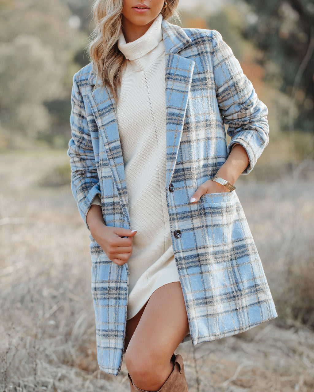 Stan Pocketed Plaid Coat - Light Blue Ins Street