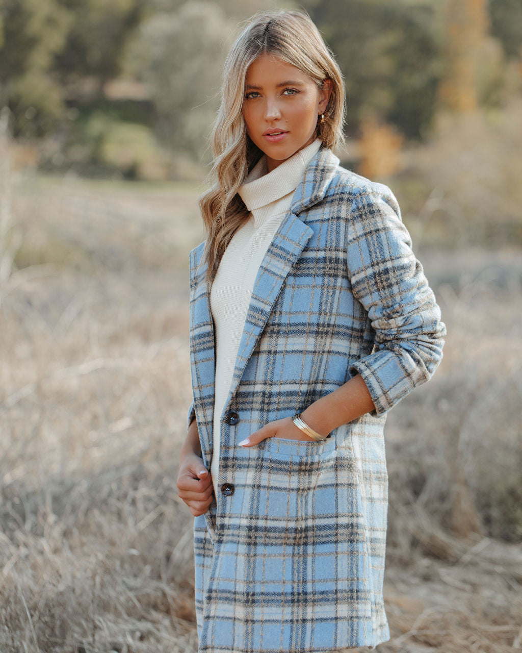 Stan Pocketed Plaid Coat - Light Blue Ins Street