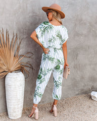 Sunset View Pocketed Palm Print Striped Jumpsuit - Blue Ins Street