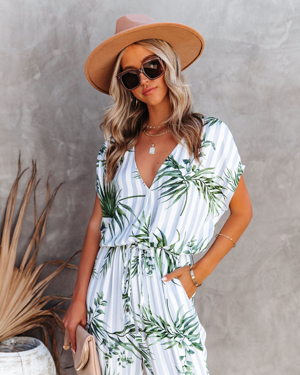 Sunset View Pocketed Palm Print Striped Jumpsuit - Blue Ins Street