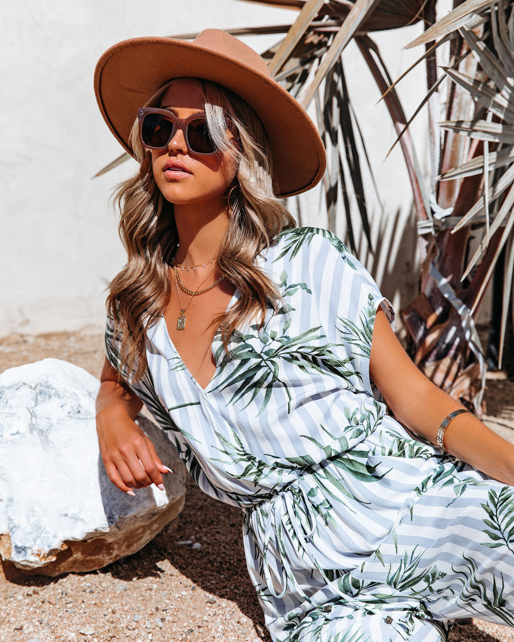 Sunset View Pocketed Palm Print Striped Jumpsuit - Blue Ins Street