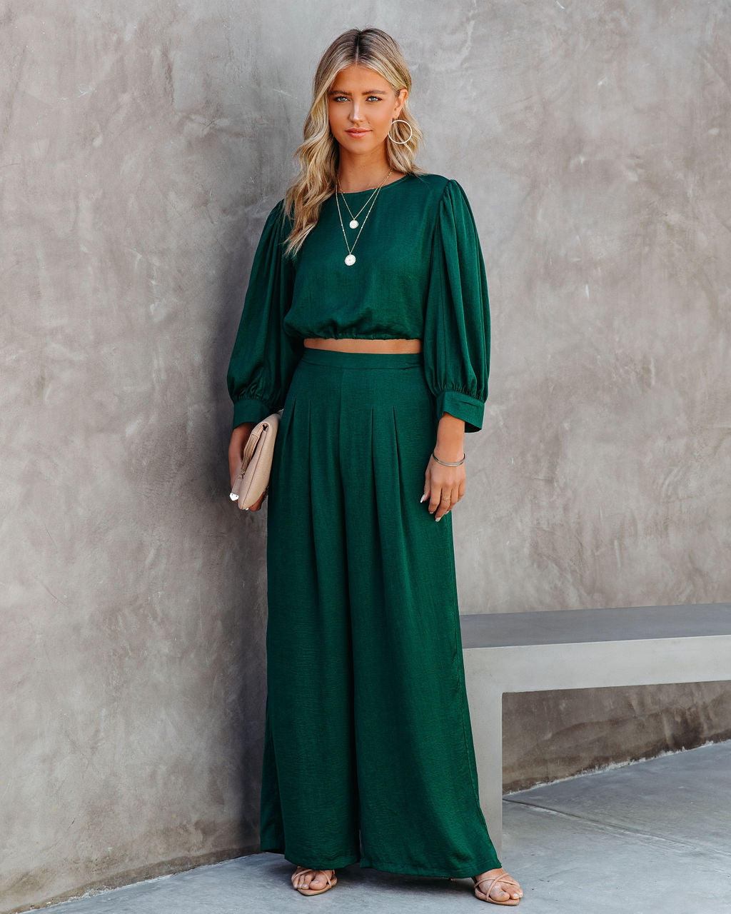 Tamra Satin Crop Drawstring Blouse - Dark Green AAKA-001