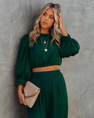 Tamra Satin Crop Drawstring Blouse - Dark Green AAKA-001