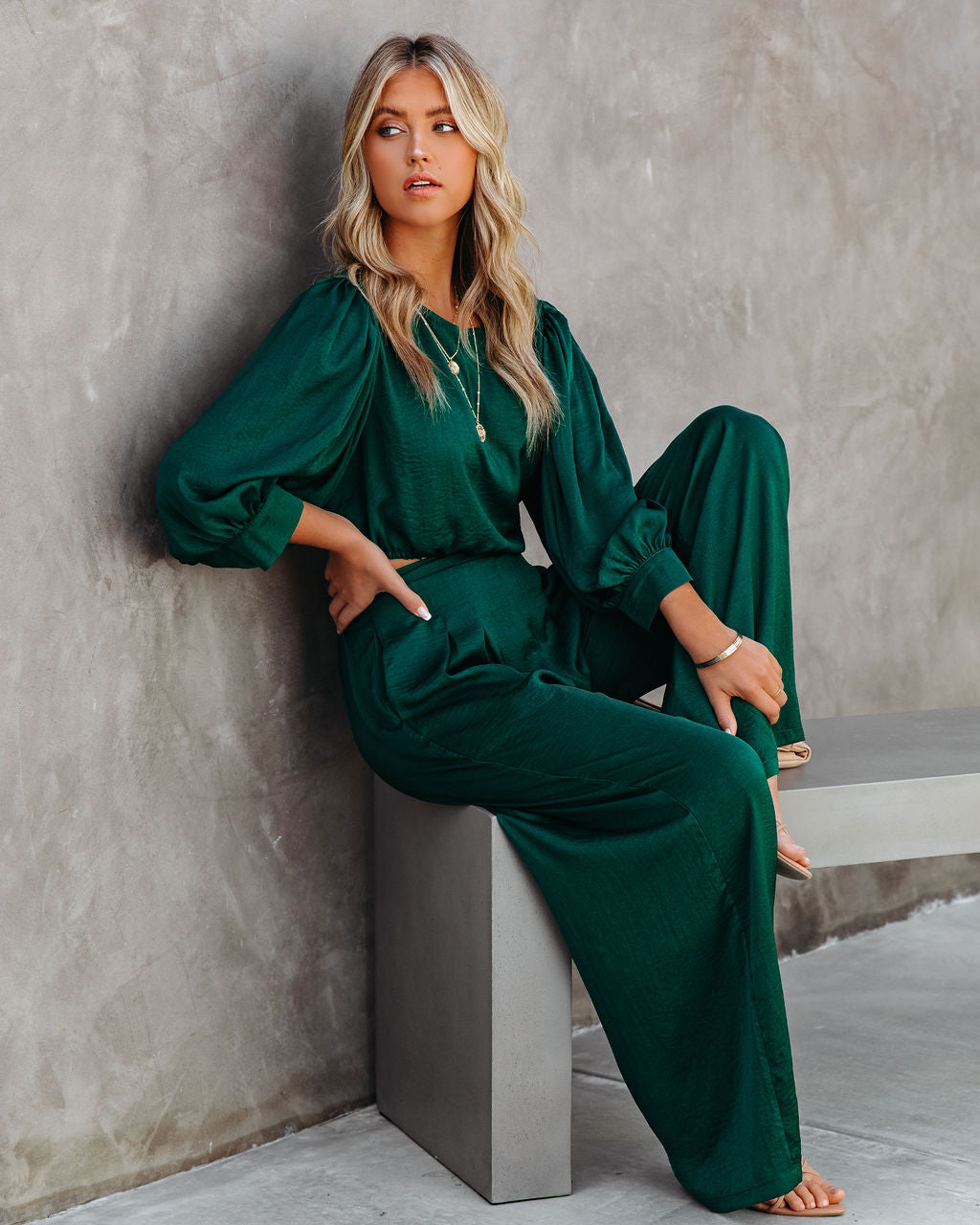 Tamra Satin Crop Drawstring Blouse - Dark Green AAKA-001