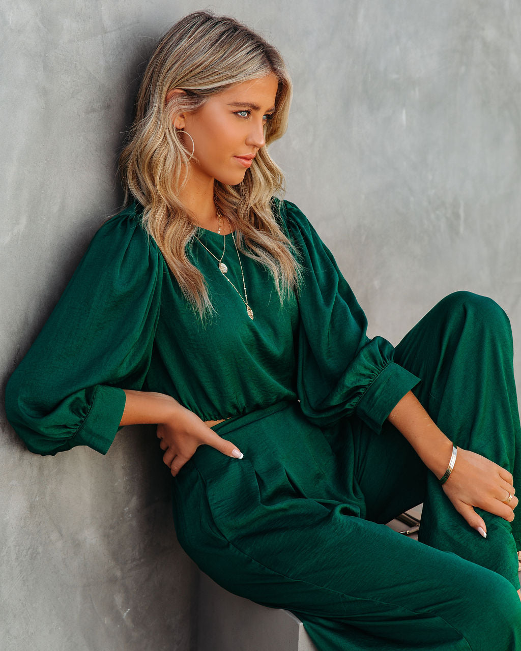 Tamra Satin Crop Drawstring Blouse - Dark Green AAKA-001