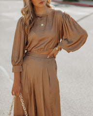 Tamra Satin Crop Drawstring Blouse - Camel AAKA-001