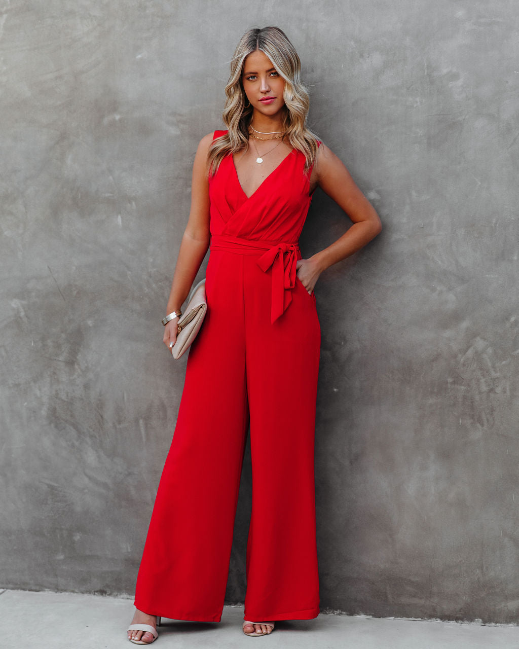 The Essential Pocketed Tie Jumpsuit - Red SUGA-001