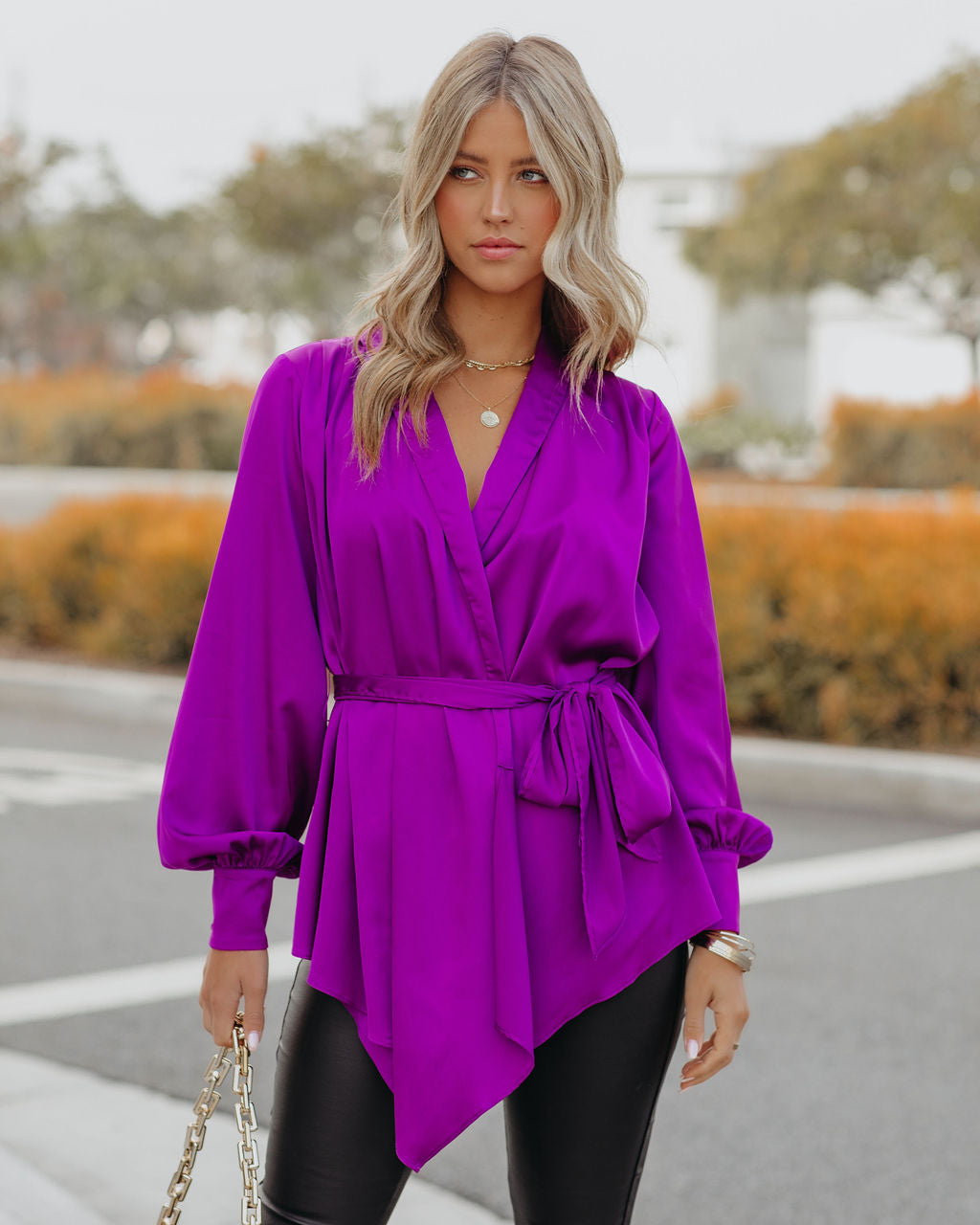 The Sweetest Satin Wrap Blouse - Orchid FATE-001